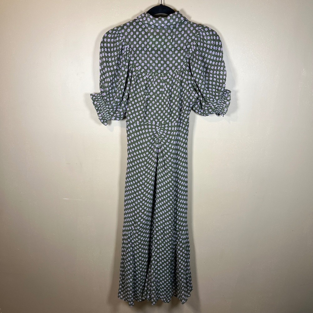 Anthropologie Green Purple Floral Sunburst Puff Sleeve Maxi Dress Size 0 - Picture 7 of 12